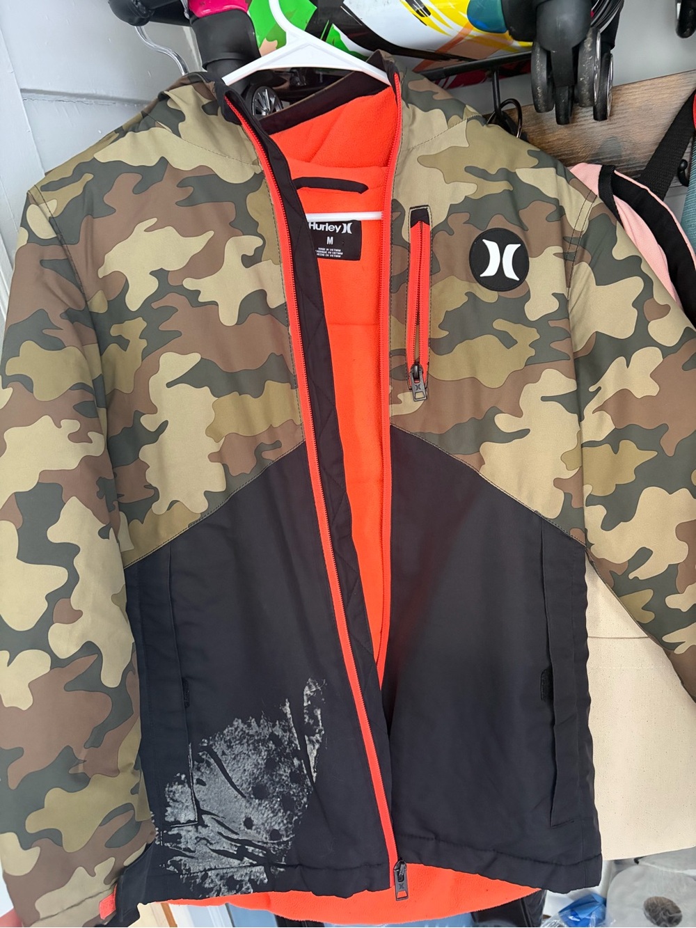 Hurley Camo Jacket with Bright Orange Lining and Black Accents